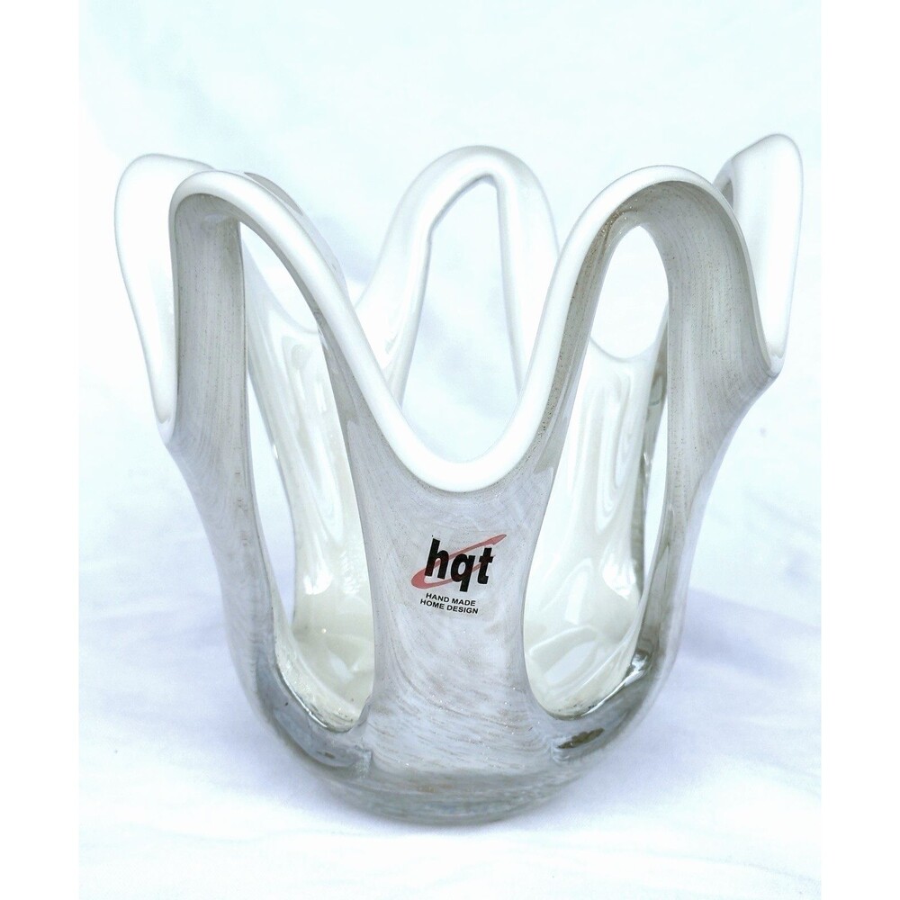 HQT Hand Made Home Design White Swirl Art Glass Encased Gold Glitter Sculpture